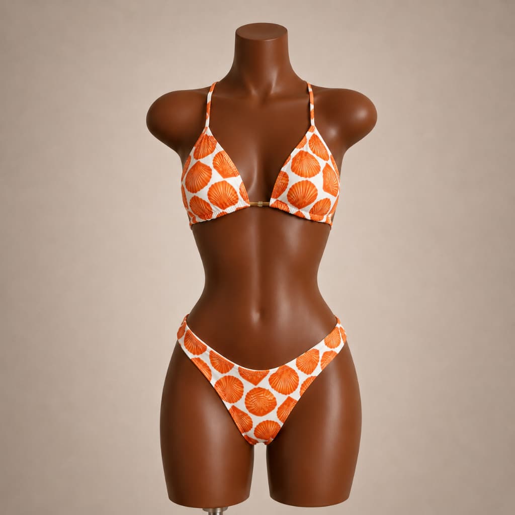 Biquíni Feminino 3 Peças com Tecido Elástico e Confortável Estampado Conchas Laranja