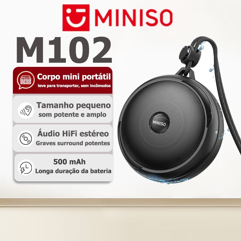 Caixa de som portátil MINISO M102 com Bluetooth 6.0, resistência à água IPX7 para esportes ao ar livre, som HiFi e grave
