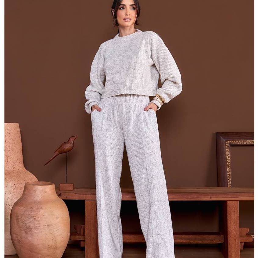 Conjunto Feminino Conjunto Tricot Roupa Feminina De Inverno Mousse Calça Reta Cropped