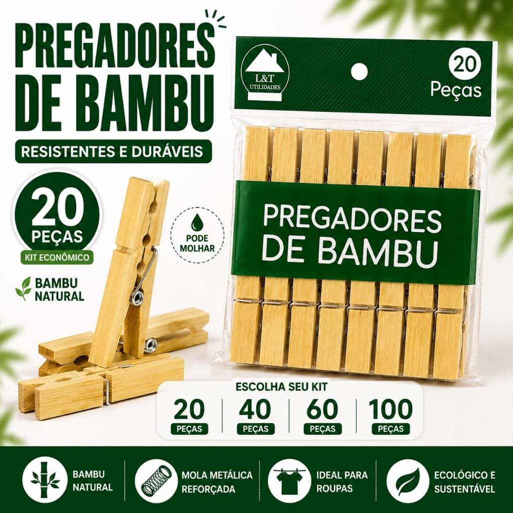 Kit Pregador de Roupa Bambu Natural Mola Metálica Reforçada Varal 20 40 60 100 Peças