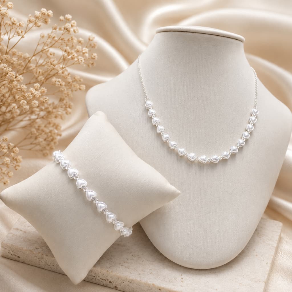 Kit Colar+Pulseira de pérolas de coração delicado choker banhado a Prata 925