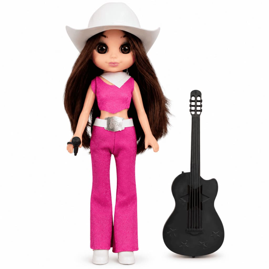 Boneca Aria Country com Violão Microfone Chapéu Botas Brinquedos Anjo Boneca Musical Infantil