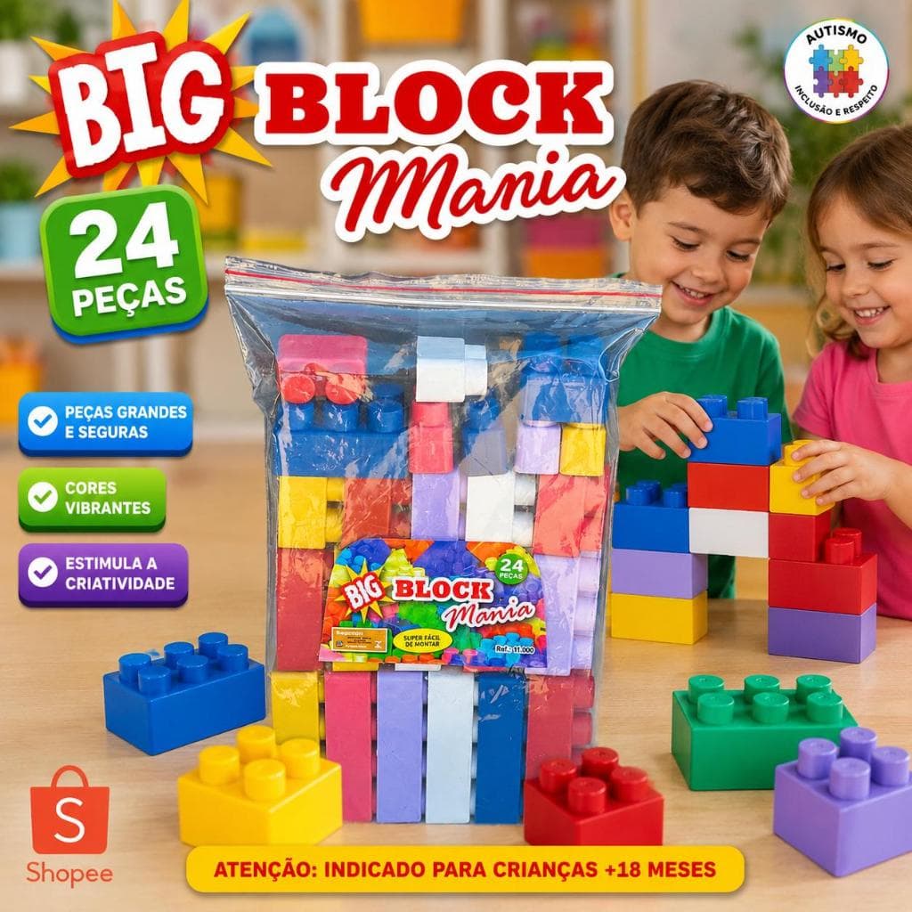 Blocos De Montar 24 Peças Grandes Coloridas Na Embalagem Plástica Ziplock - Brinquedo Infantil + 18 Meses Crianças