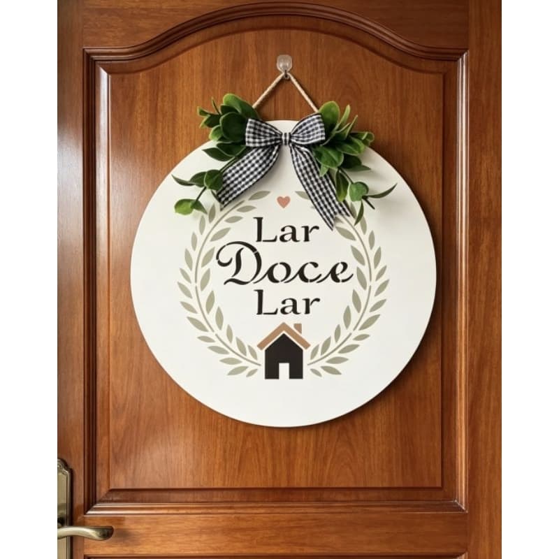 Placa Decorativa Redonda Lar Doce Lar - Guirlanda Artesanal de Boas-Vindas
