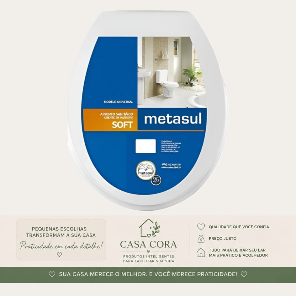 Assento Sanitário Soft Metasul  Branco Tampa de Vaso macio confortável Universal Oval Banheiro