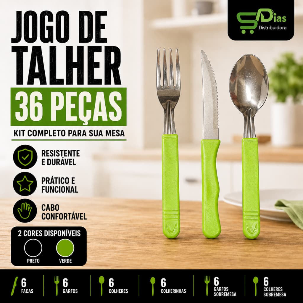 Talheres 36 Peças Aço Inox Cabo Colorido – Jogo Faqueiro Cozinha Mesa Completo Preto Verde