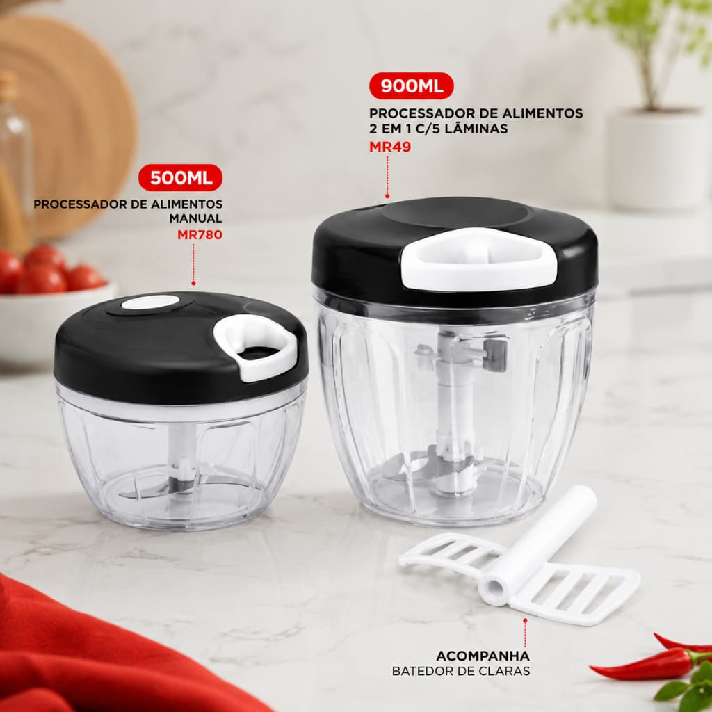 Processador Manual de Alimentos 500ml/900ml Triturador Picador 2 em 1 com 5 Lâminas e Batedor