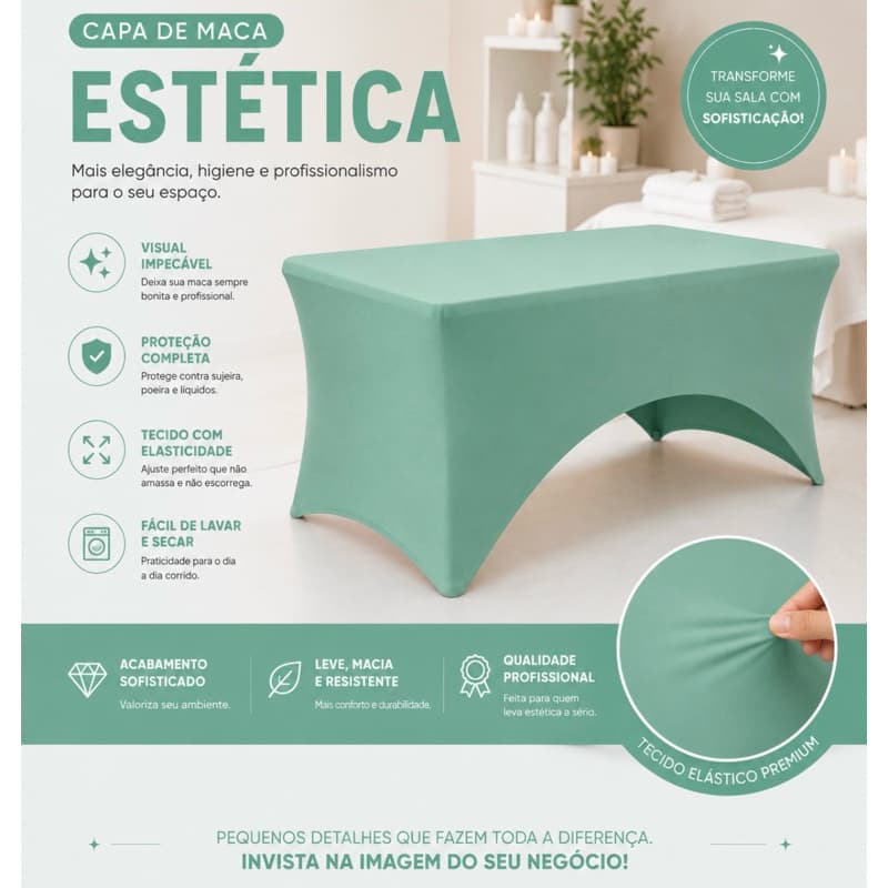 Capa legging para maca estética fixa/maleta/portátil Verde água tecido Suplex grosso sem transparência