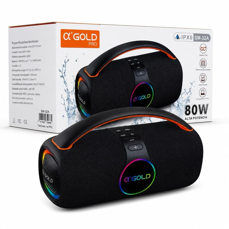 Caixa de Som Bluetooth A’Gold Pro SM-32A 80W IPX6 Boombox Portátil TWS Bateria 4000mAh Tipo-C