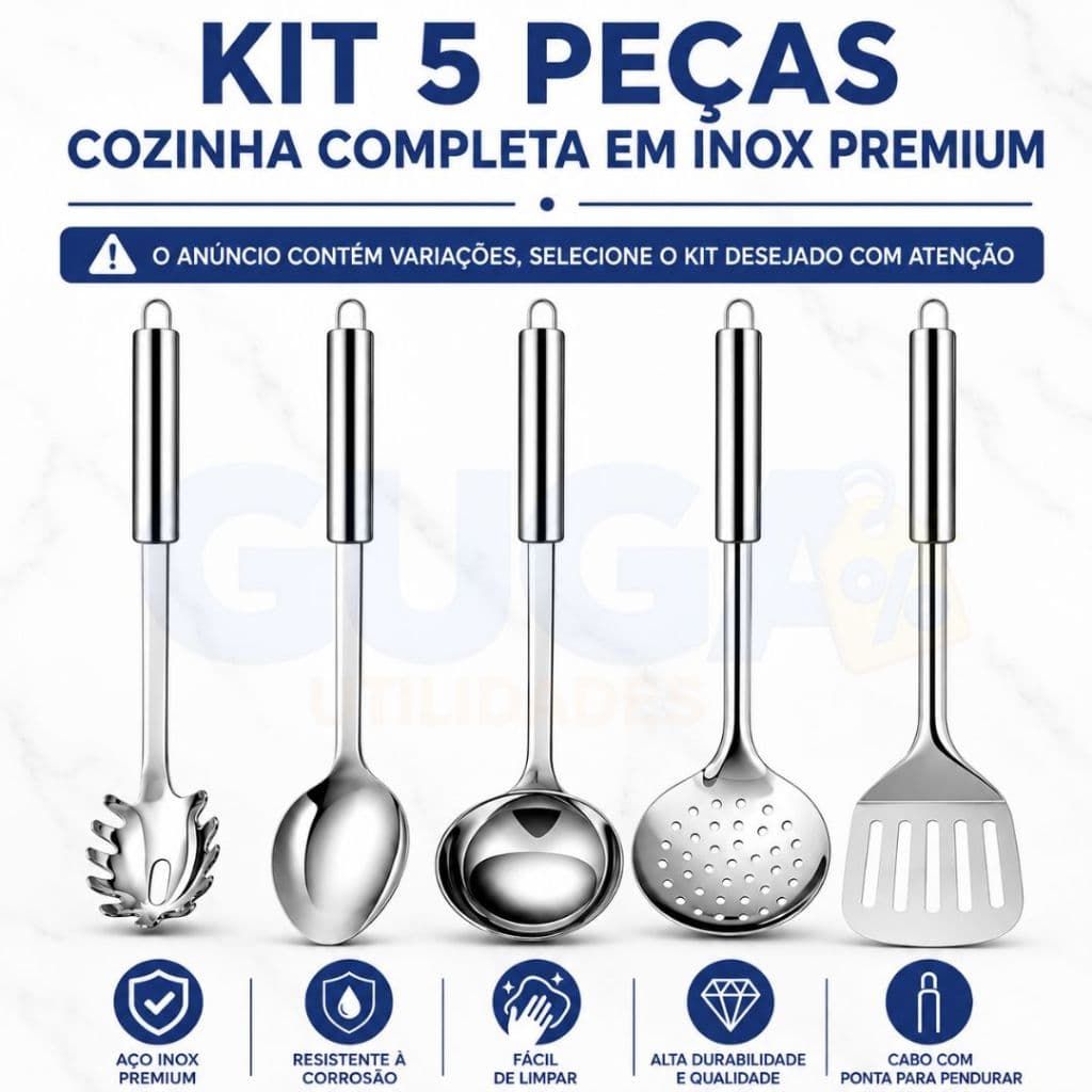 Kit 5 Utensílios de Cozinha em Aço Inox – Pegador de Massa, Espátula Vazada, Colher de Arroz, Escumadeira e Concha.