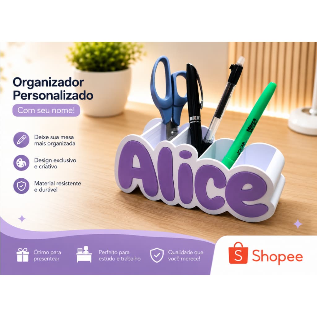 Porta-Canetas Personalizável com Nome – Organizador de Mesa
