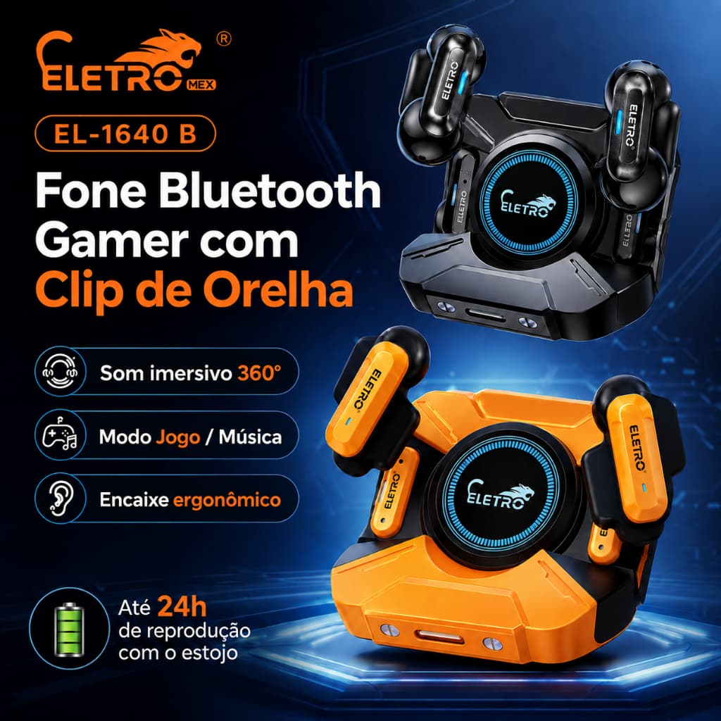Eletromex Fone de Ouvido Gamer Sem Fio Bluetooth 6.0 Intra-Auricular com Microfone LED TWS EL1641