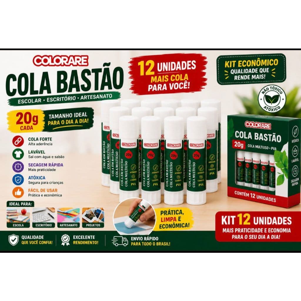 Kit 12 Colas Bastão 20g Colorare PVA Escolar Escritório Artesanato Atóxica Lavável