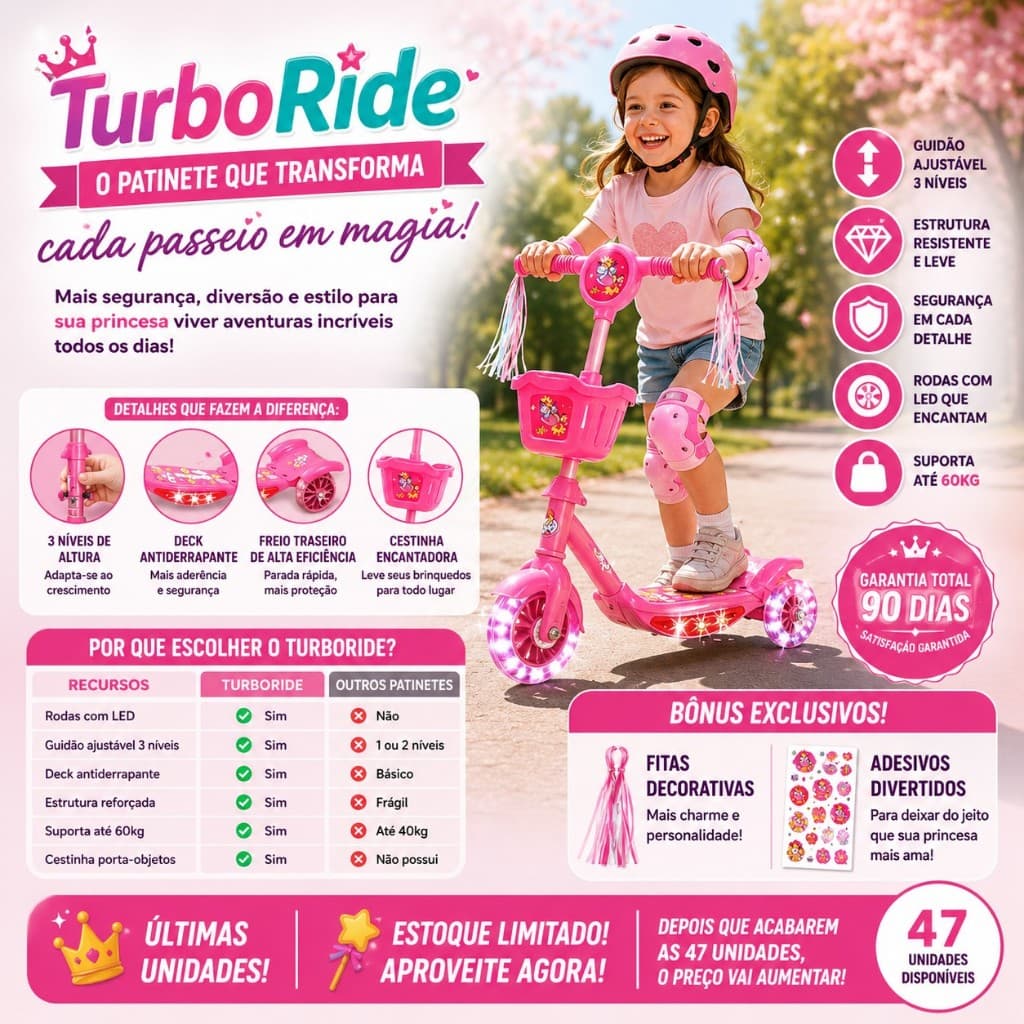 🩷 Patinete Infantil 3 Rodas Rosa Com Luz Som