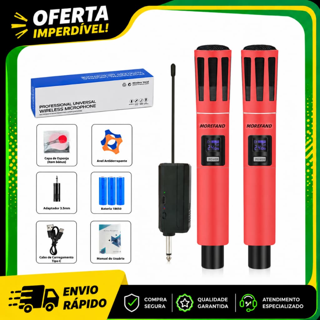 Microfone Sem Fio Duplo Profissional MOREFAND 2.4G Cardioide AI Redução de Ruído Recarregável USB-C para Karaokê e Event