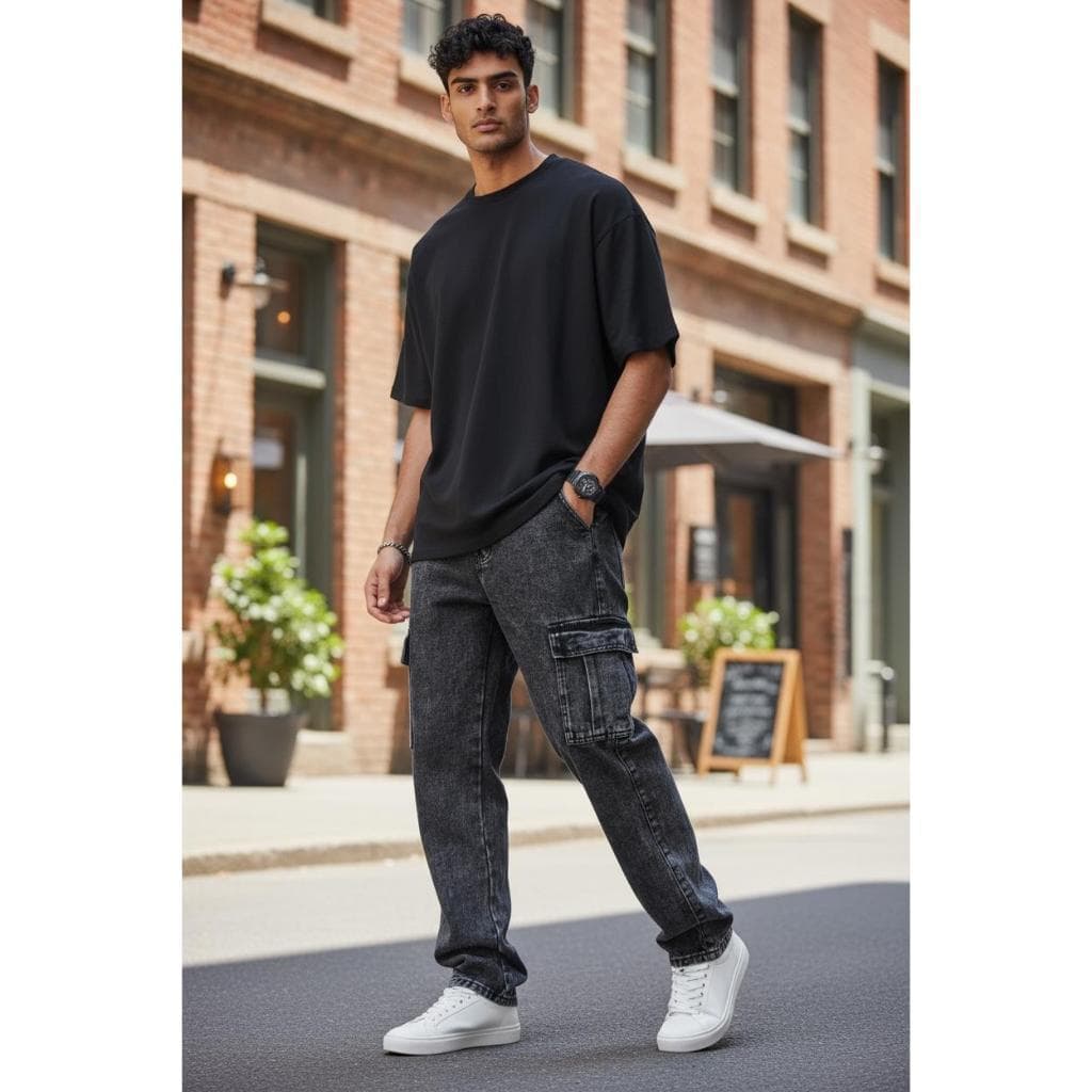 Calça Cargo Jeans Masculina Preto Estonado - Conforto e Estilo Urbano com Bolsos Funcionais