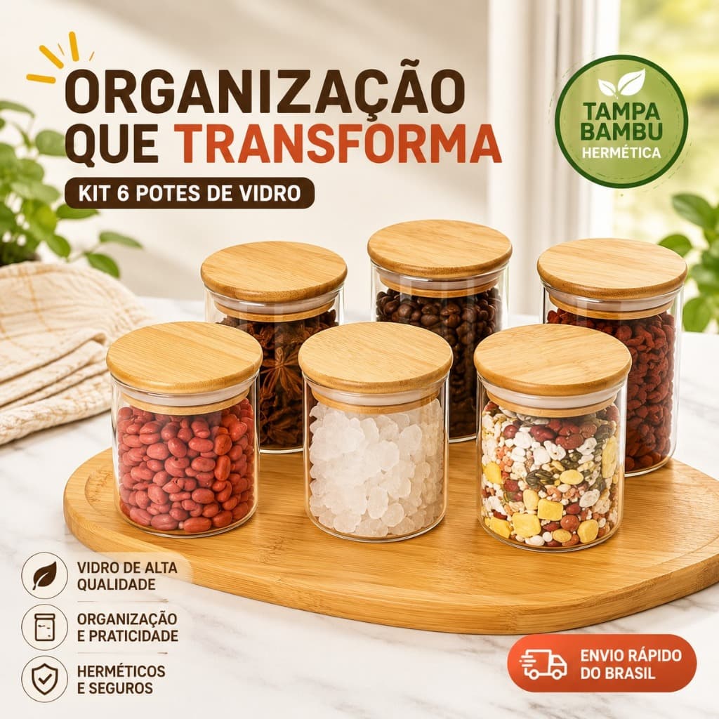 Kit Potes De Vidro Hermético 200ml Tampa Bambu Tempero Mantimentos Alimentos Premium