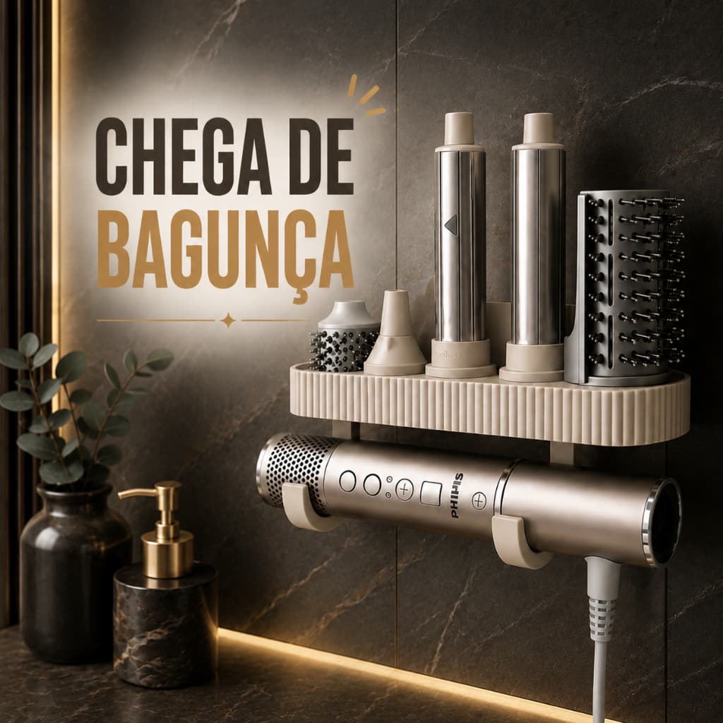 Suporte para Secador de Cabelo Parede 4 em 1 Organizador Banheiro Porta Escova