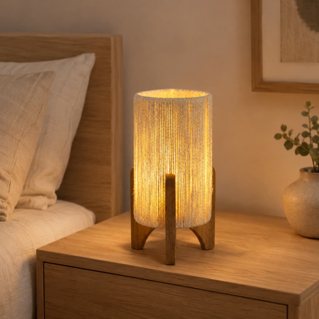 Abajur de Mesa Milão Decorativa Sisal Natural com Pés de Madeira 39x16 cm Abajur Artesanal