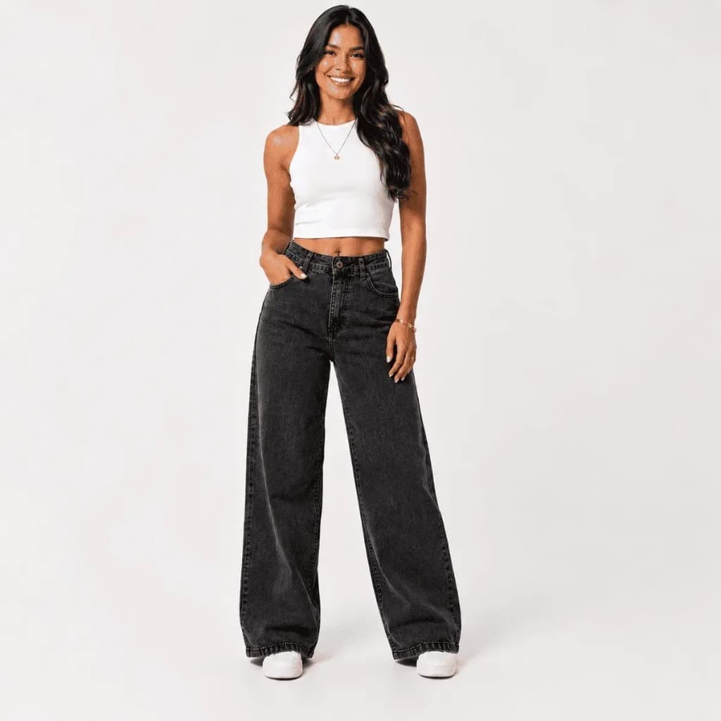 Calça Jeans Wide Leg Estilosa Destroyed Canela Ajustável Feminina Top