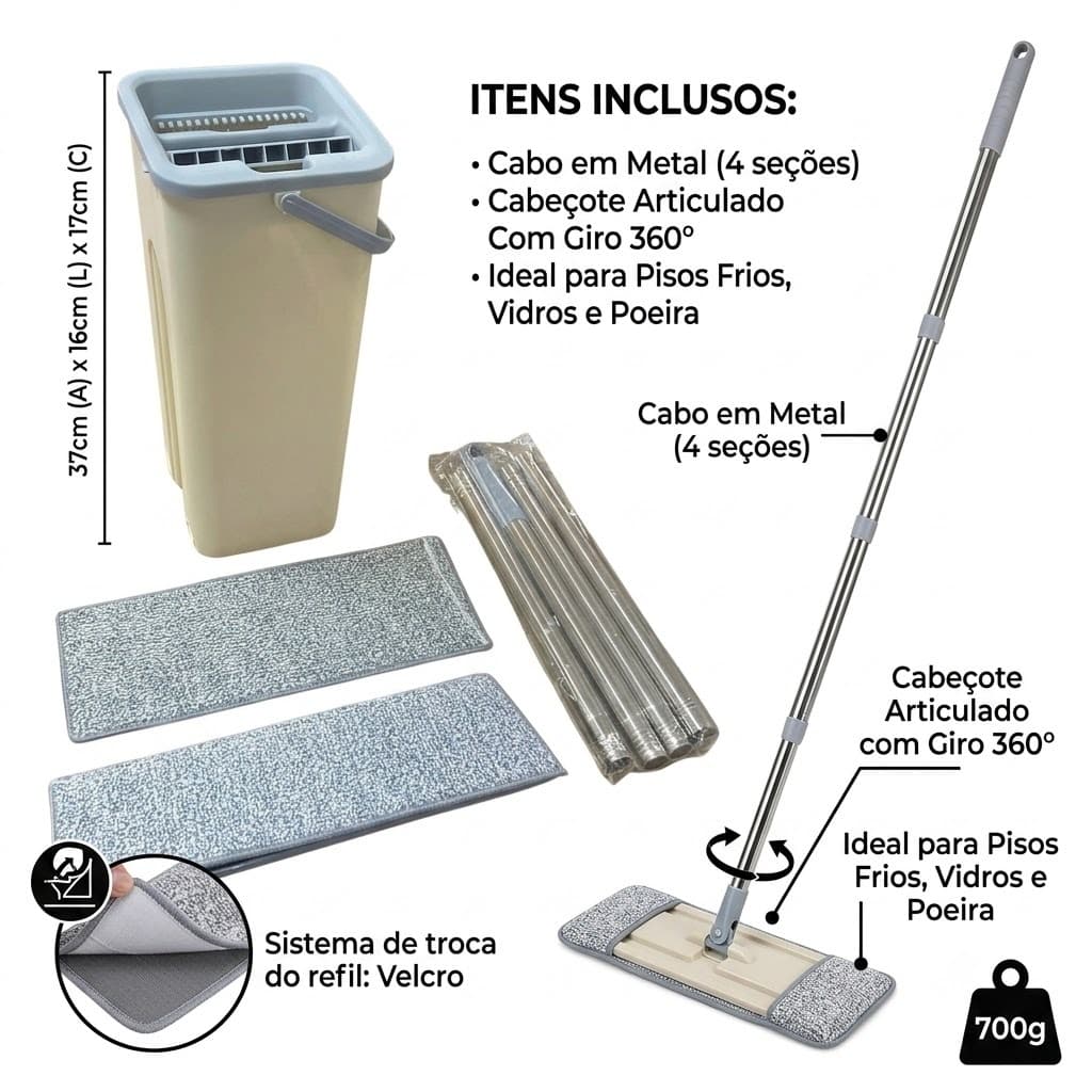Mop Flat Balde Escorredor 2 Refis Articulado 360° Velcro Piso Frio Vidro Branco Compacto Limpeza Profissional