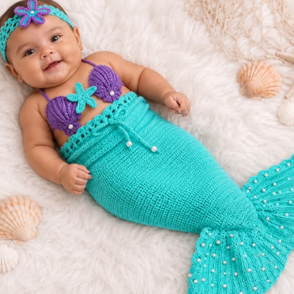 Conjunto Sereia em crochê 3 Peças - Cauda Sereia Newborn