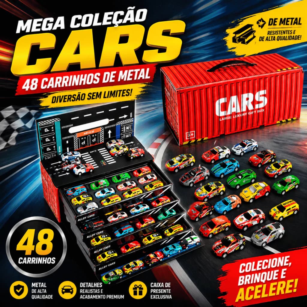 Kit 48 Carrinhos de Fricção com Pista – Brinquedo Educativo e Colecionável em Contêiner