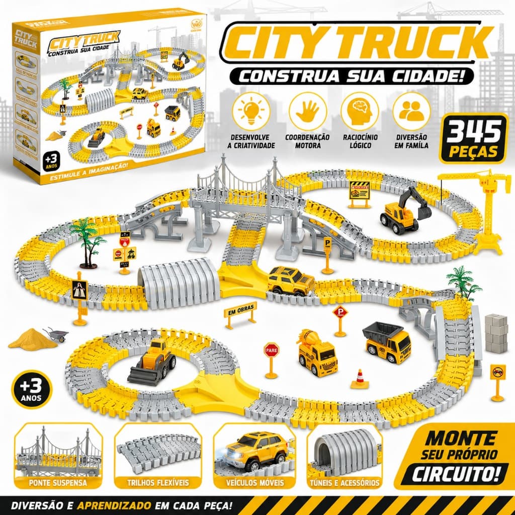 Pista de Carrinho Infantil Brinquedo de Construção com Trilhos Flexíveis Carrinhos 98 180 345 Peças