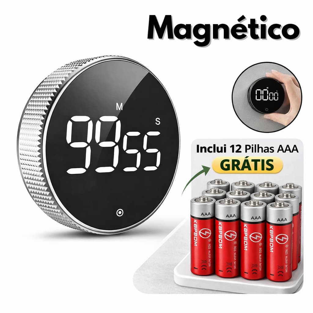 Temporizador Magnético Digital LED, 99 Minutos, com 3 Pilhas – Cozinha, Estudo e Fitness