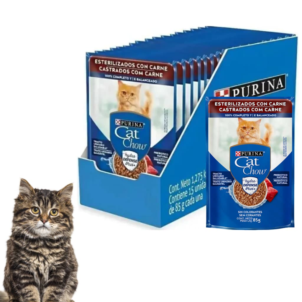 15 Saches Ração Suculenta Cat Chow Purina Nestle P/ Gato Castrado Sabor Carne 85g Cada C/10% Proteina