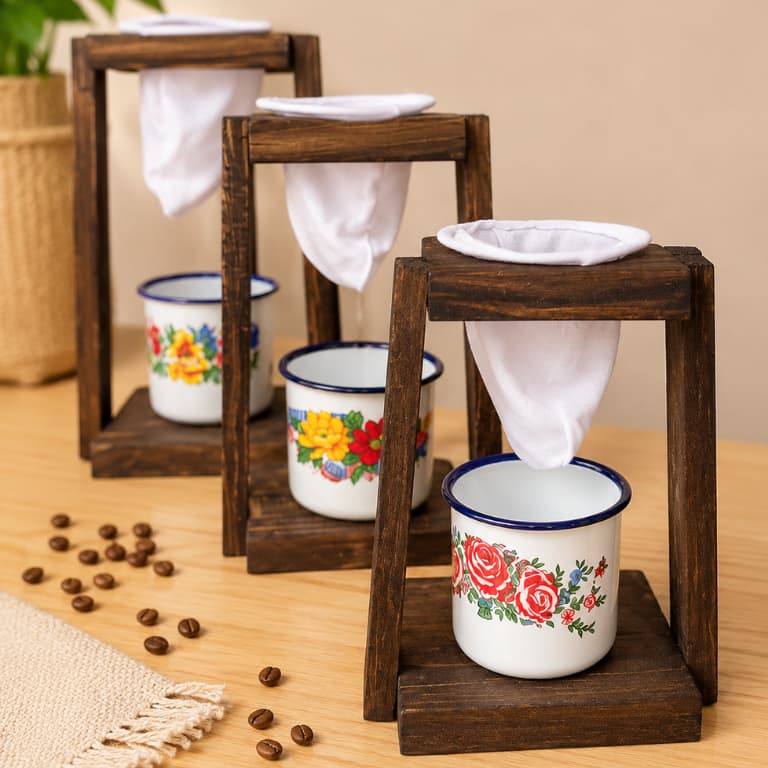 Mancebo Coador de Café Individual em Madeira com Caneca Esmaltada Suporte para Café Passado Filtro de Pano