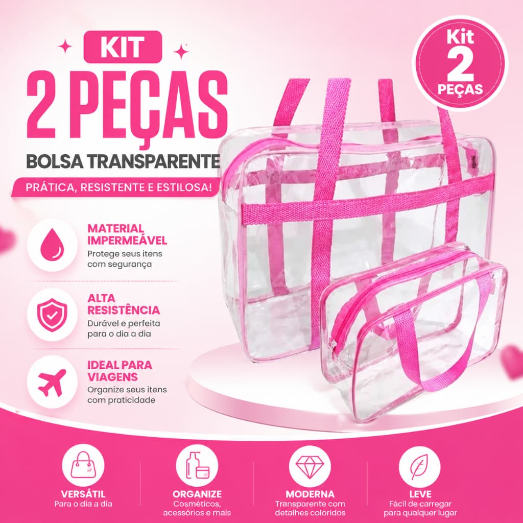 Kit 2 Bolsa Maternidade Transparente + Necessárie Grande Praia, Piscina, Hospital, Passeio, ENVIO INMEDIATO