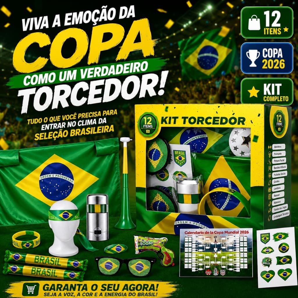 Kit Torcedor Brasil Copa 2026 Completo 12 Peças Acessórios Festa Futebol Bandeira Óculos Trompete