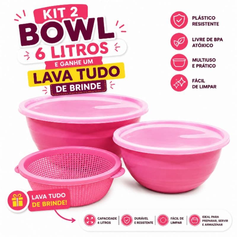 Kit 2 Bowl 6 Litros com Tampa + Lava Tudo de Brinde | Bacia Plástica Multiuso Resistente BPA Free