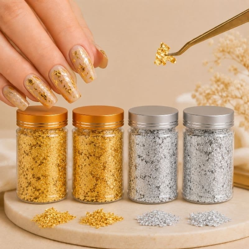 Pote Grande Folha de Ouro, Prata e Bronze para Unhas e Resina