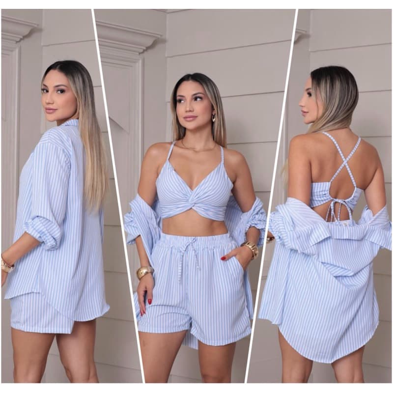 Conjunto Feminino 3 Peças Listrado Camisa Top Cropped e Short Verão Casual