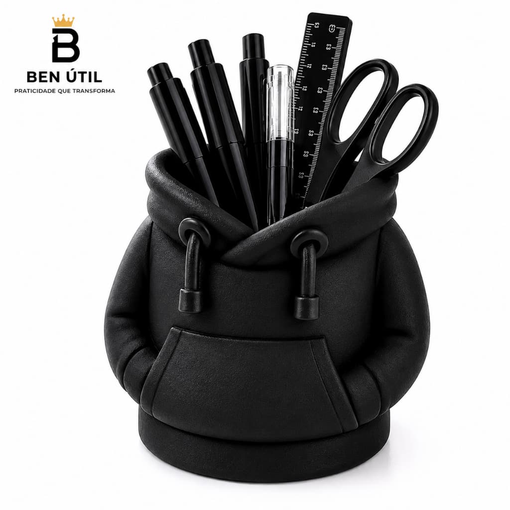Porta Canetas e Lápis Moletom Preto 3D Organizador de Mesa Decorativo para Escritório Home Office e Setup Gamer