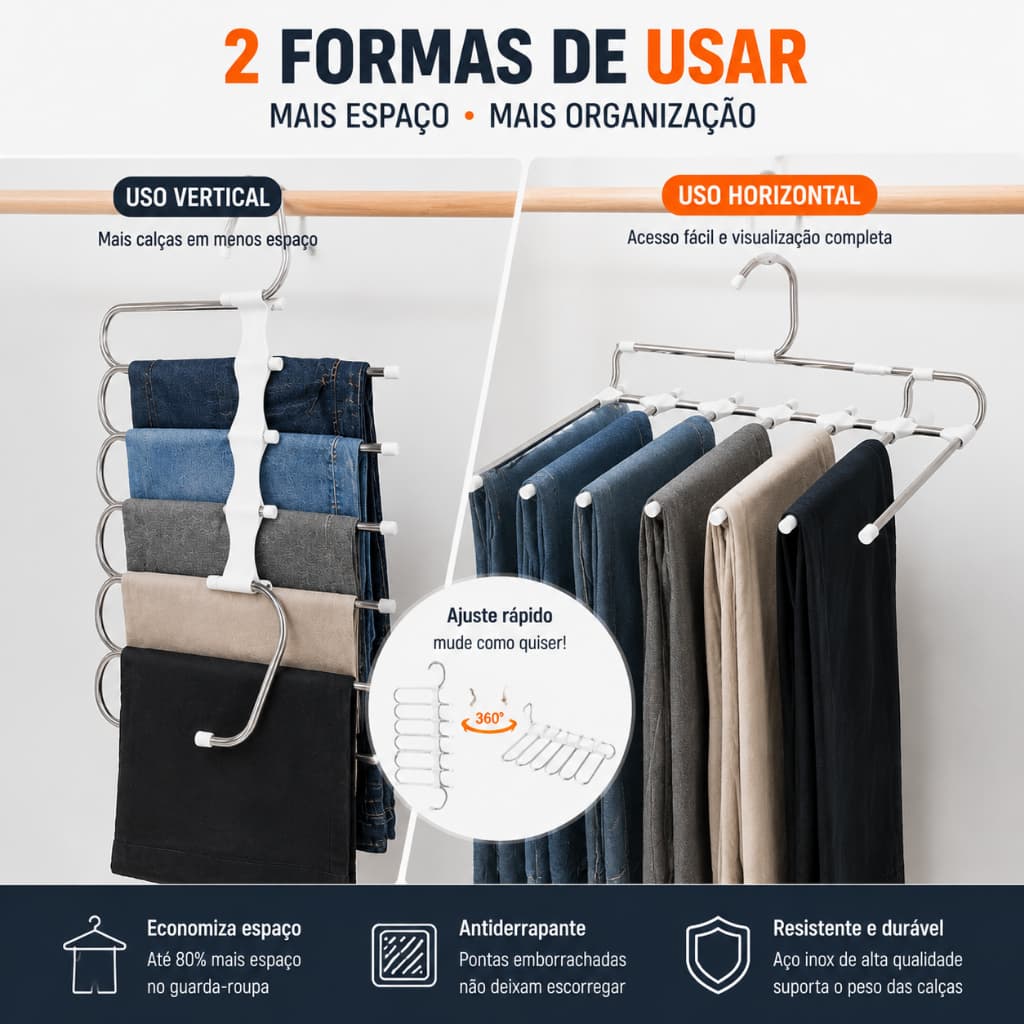 Ambito Dlux Cabide Para Calças  Multifuncional 5 Em 1 Economiza Até 400% De Espaço No Guarda Roupa