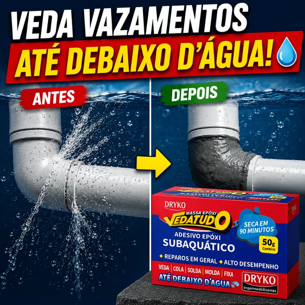 Massa Epóxi Vedatudo Subaquático Dryko 50g Veda Vazamentos Cano Piscina PVC