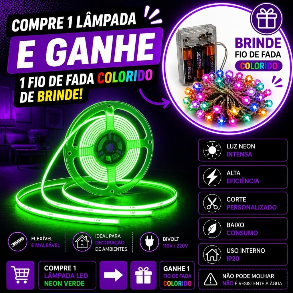 Fita LED Verde Direto na energia 10W/m IP20 110V Rolo 10 Metros 750 Lumens HZS
