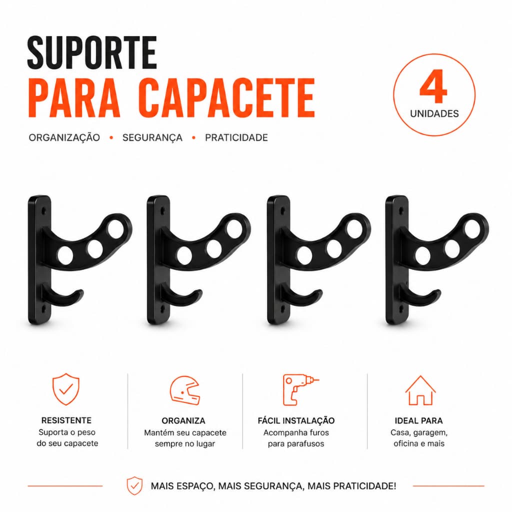 Kit Com 04 Suporte De Parede Para Pendurar Capacete E Acessórios + Pendurador de Chaves