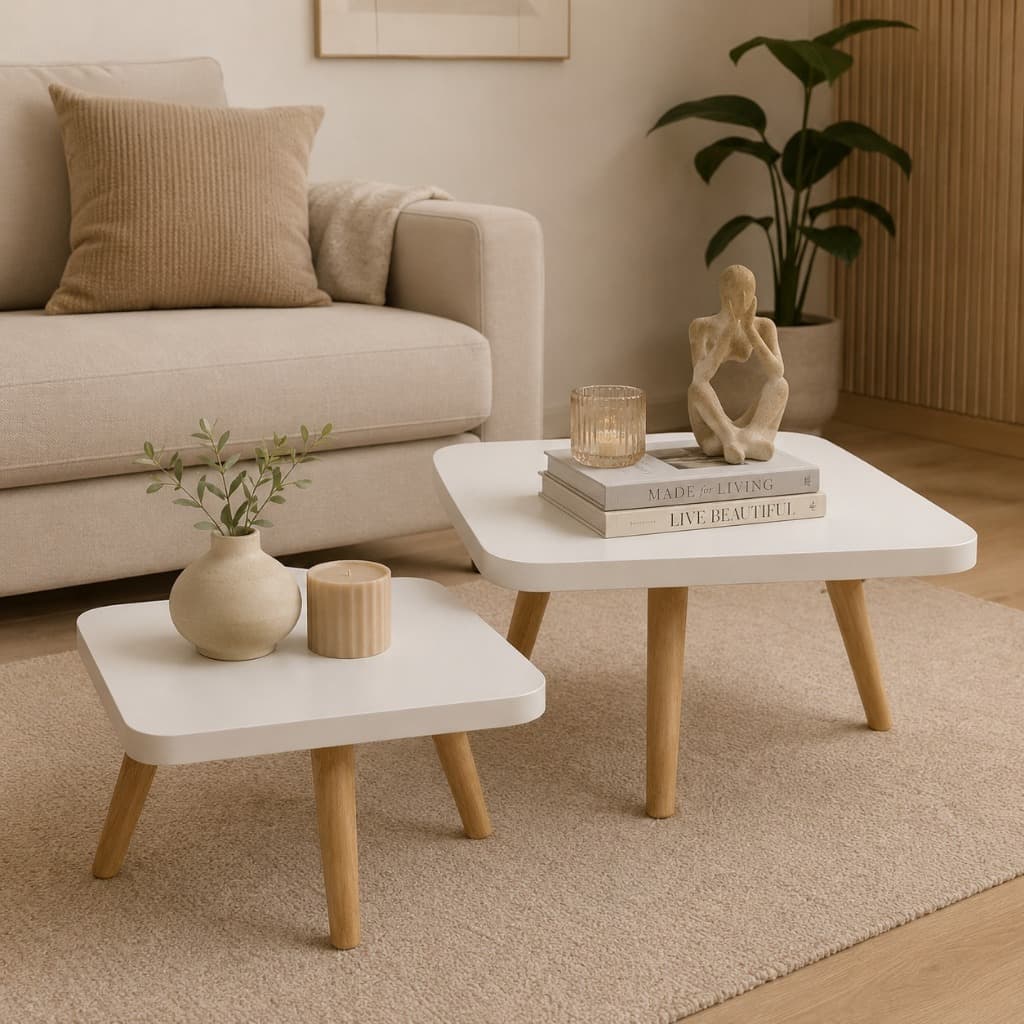 Kit 2 Mesas de Centro Decorativas MDF Branco com Pés de Pinus Estilo Nórdico Moderna