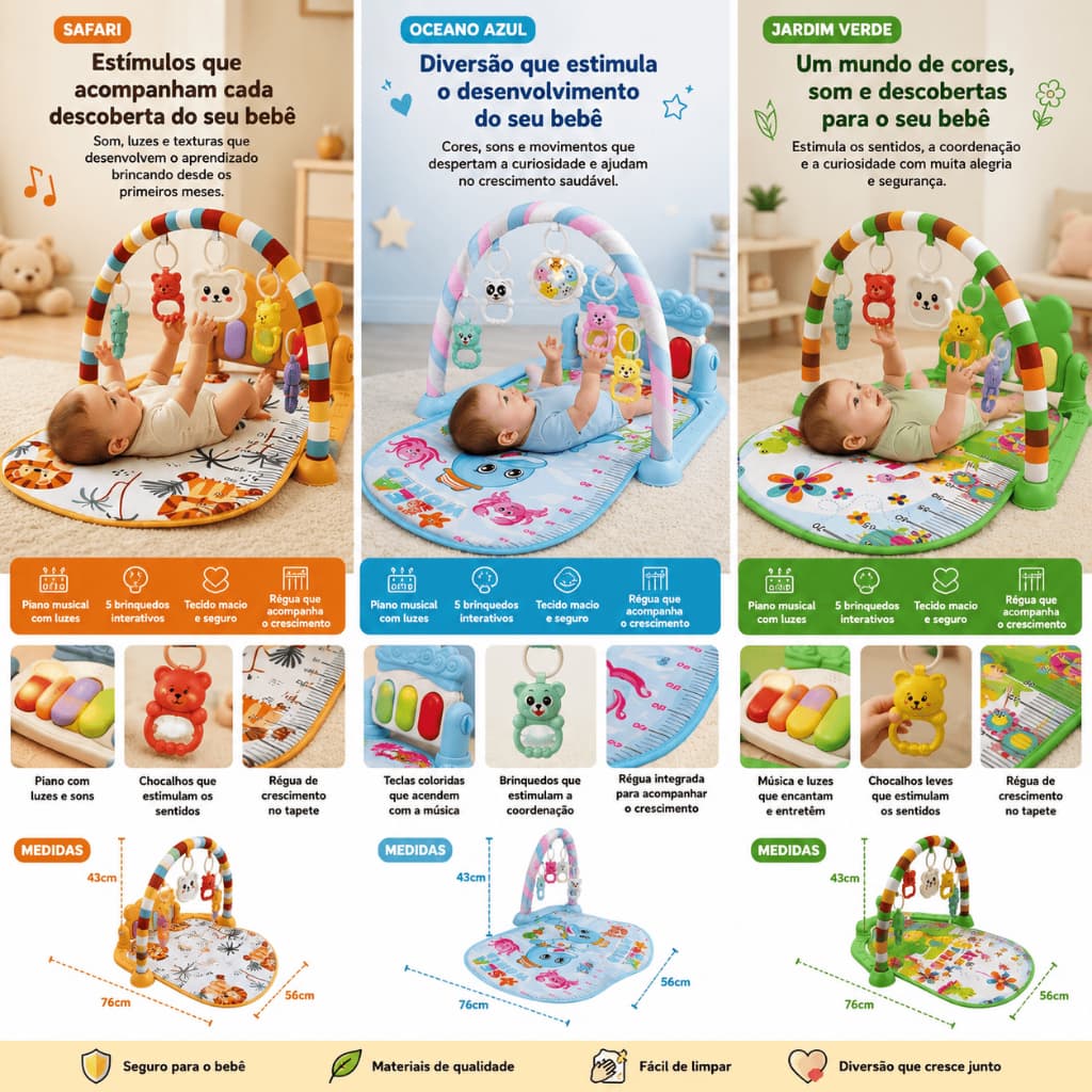 Tapete Atividades Para Ginasio Bebes Piano Musical Infantil Chocalhos Teclado iluminado Sons e Luzes