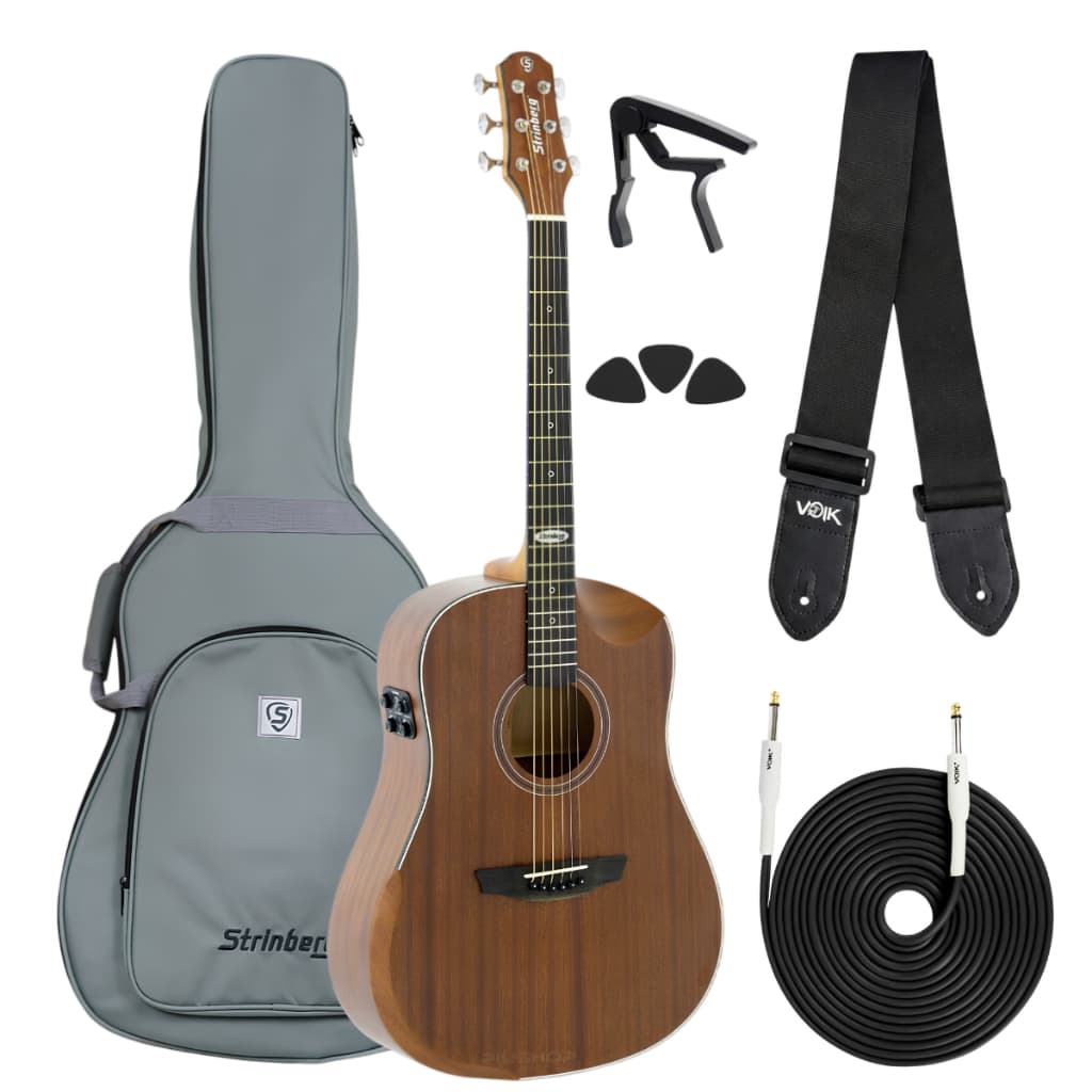 Kit Violão Elétrico Strinberg Galaxy SD301HCR MGS C/ Bag + Correia Cabo P10 5m Capotraste Palhetas