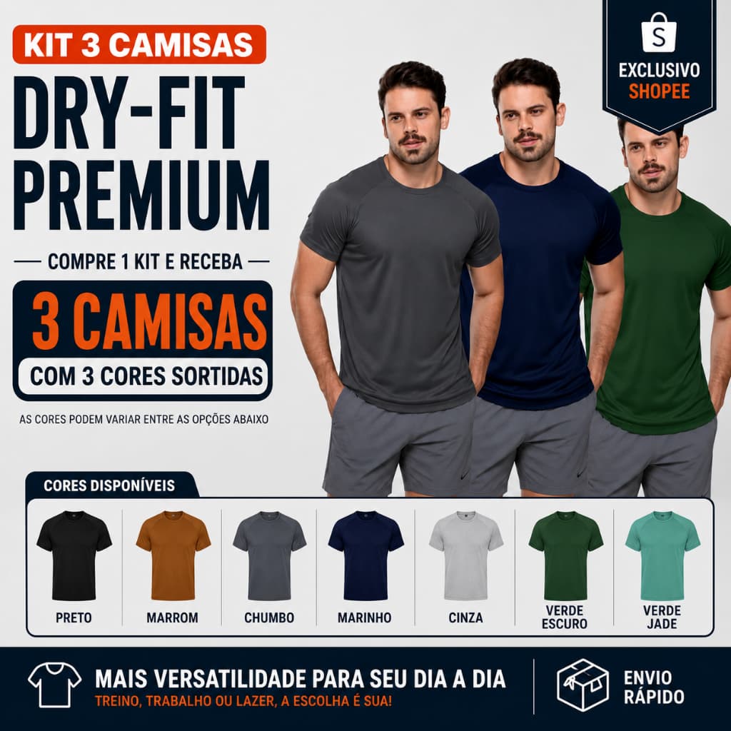 Kit 3 camisas masculina dry fit com cores surtidas uso esportivo e casual