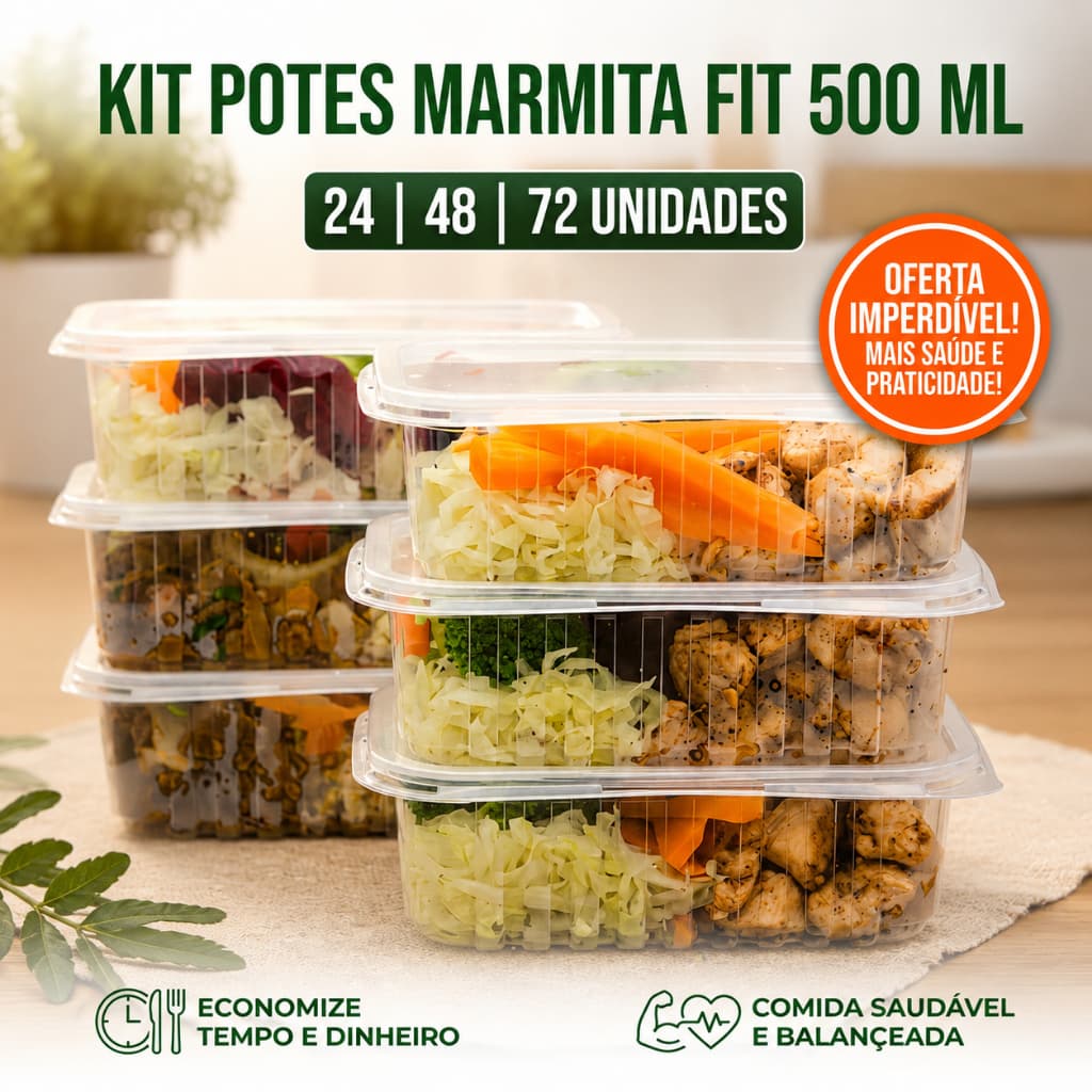Potes 500ml Retangulares Descartáveis Marmitas Fit Com Tampa Para Freezer e Microondas