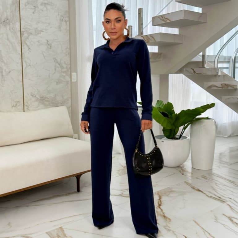Conjunto Feminino Moletinho Blusa Polo Manga Longa e Calça Inverno