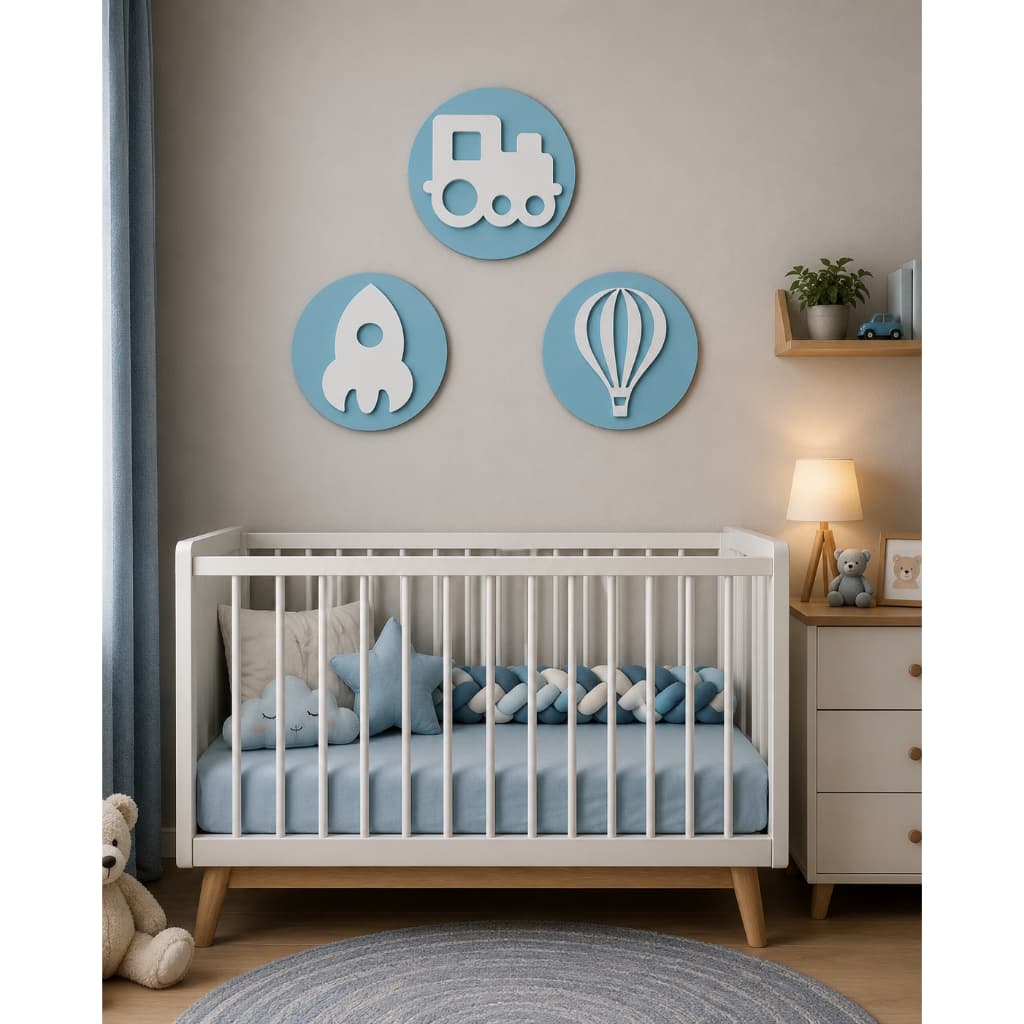 Trio Quadros Decorativos Redondos Infantil - Brinquedos - Azul Claro - Kit 3 Peças 12x12cm MDF 3mm