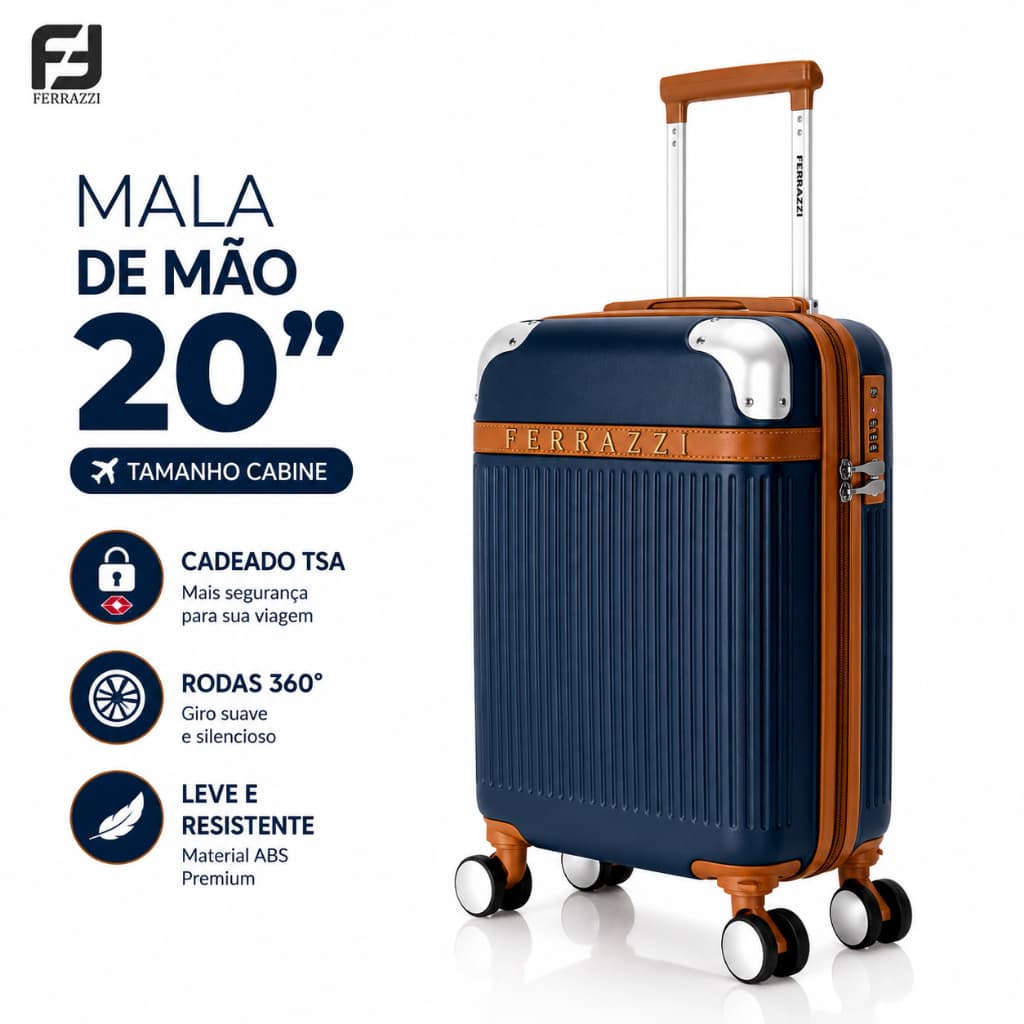 Ferrazzi Mala De Viagem 20'' 10kg ABS Premium Com Rodas 360° Cadeado TSA Bagagem De Bordo Leve