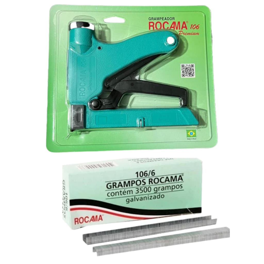 Kit 1 Grampeador Rocama Blister 106 Premium Cor  Verde + 1 Caixa Grampo 106/8